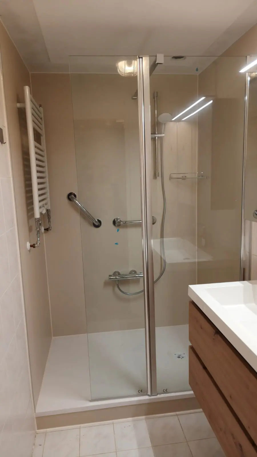 Resultaat na de renovatie: wandbeugels, antislipvloer, drempelloze douche